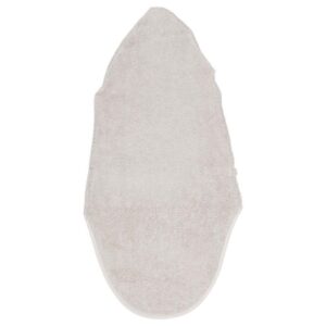 Beige oval bath rug with a soft plush texture on a white background.