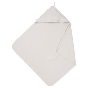 White textured baby blanket with a small fabric loop, shown unfolded on a white background with a scalloped edge.