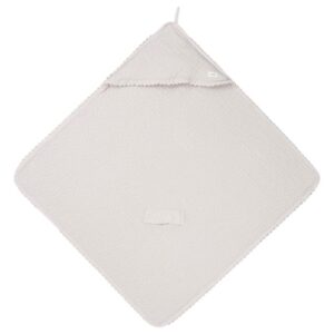 White bath towel laid flat with a small hanging loop in the corner.