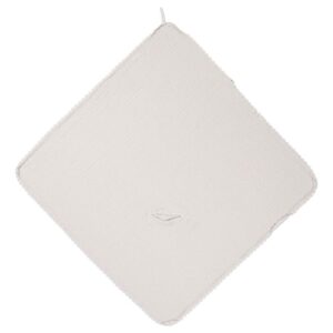 Cream-colored square washcloth with rounded corners and a small embroidered mouth in the center.