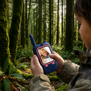 Person in camouflage jacket holds a blue handheld radio with a photo of a smiling girl on the screen in a mossy forest setting.