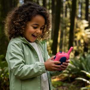 A young girl with curly hair in a green jacket smiles while holding a pink walkie-talkie in a forest. **(informative)**