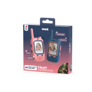 Two children's walkie-talkie toys in pink and blue displayed on packaging with the word TALKY near the bottom left corner.