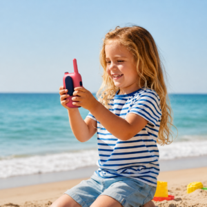 Smiling girl at the beach holds a pink handheld toy walkie-talkie.