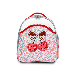 Small children's backpack with a cherry print and red bow design on a floral background plum pattern.