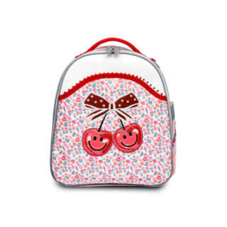 Small children's backpack with a cherry print and red bow design on a floral background plum pattern.