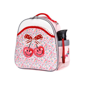 Pink kids' backpack with a cherry and floral pattern, red bow graphic, and a side water bottle holder.