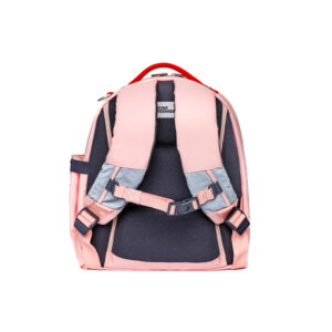 Back view of a pink school backpack with padded straps and a chest buckle.