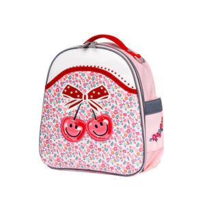 Backpack with pink floral pattern, red handle, and two smiling cherry graphics on the front panel