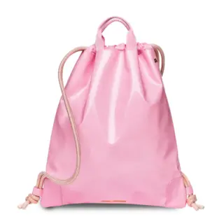 Front view of a pink drawstring backpack with cream rope straps on a white background, city-ready style