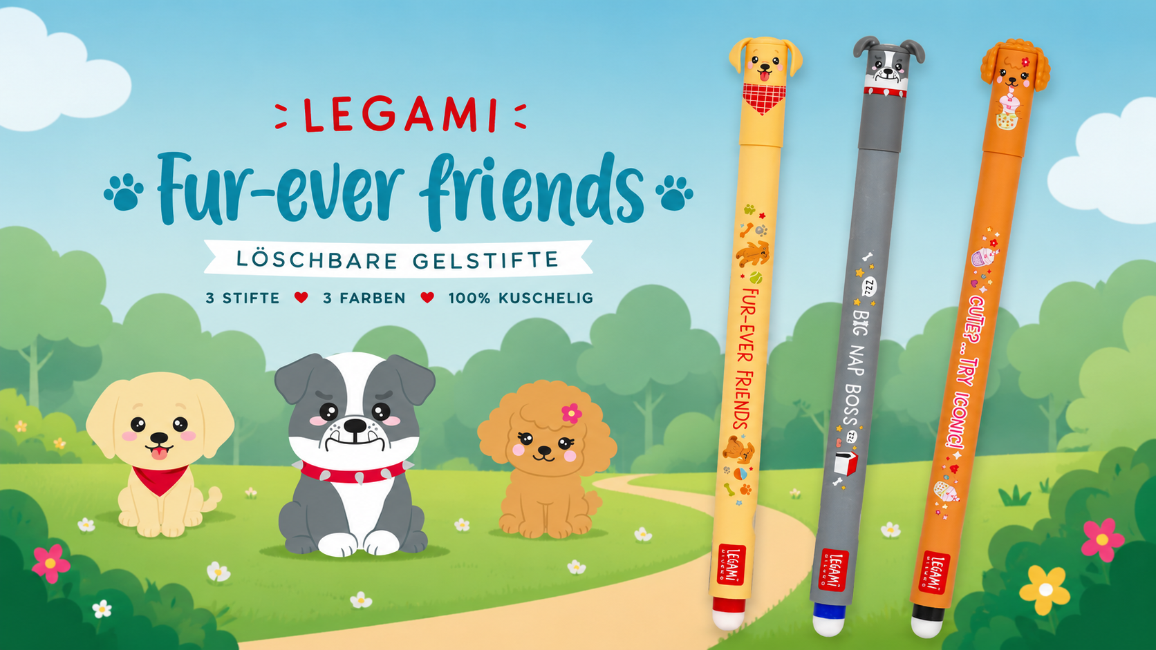 Brand banner for Legami Fur-ever Friends gel pens; three cartoon dogs on a sunny field with trees, text and pens on the right.