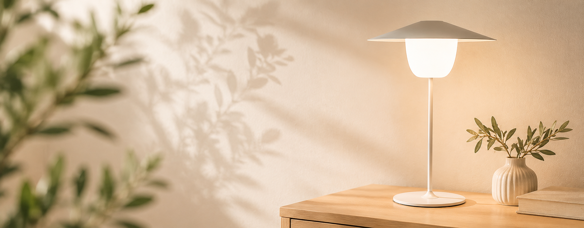 White desk lamp on a wooden table casting warm light beside a vase with olive branches (cozy, minimal setup). Ideal for a home office or bedroom scene.