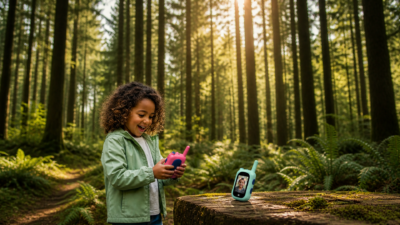 Young girl in a green jacket playing with a pink handheld toy walkie-talkie in a sunlit forest.