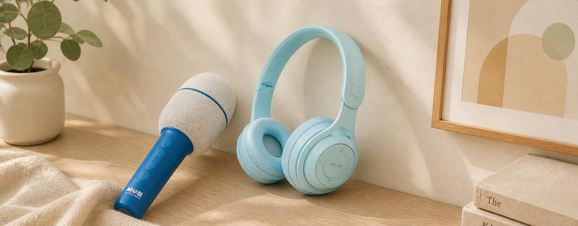 Blue microphone and teal over-ear headphones on a wooden desk, with a potted plant and framed abstract art in the background. (informative)