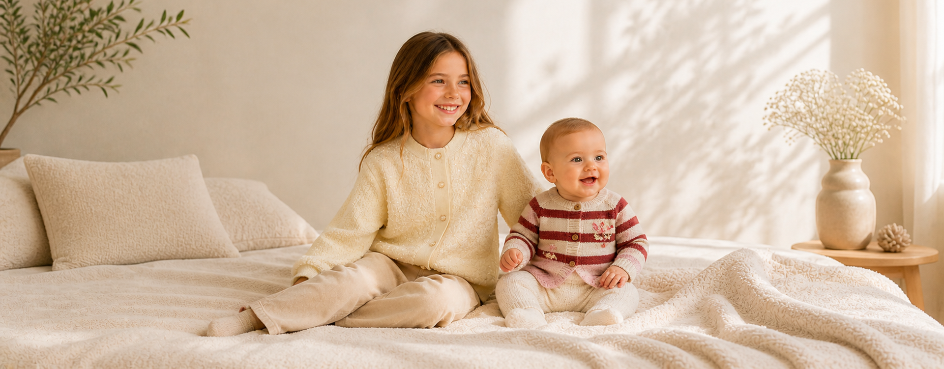 Smiling sister and baby sit on a cream bed in a cozy sunlit bedroom.
