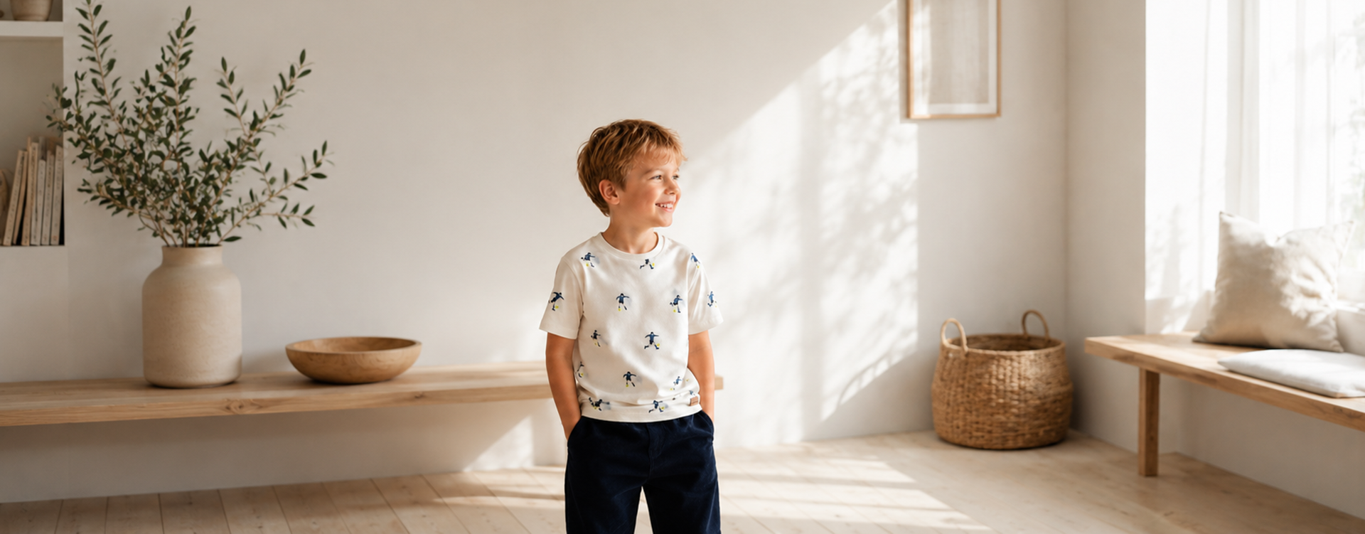 Boy standing in a bright, minimalist living room, wearing a white penguin-print shirt and navy pants.