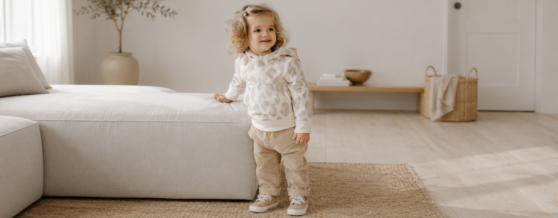 Young toddler standing in a bright living room beside a beige sofa, smiling. **Note:** This ALT text is concise and informative for screen readers. Alternative: Smiling toddler wearing a beige hoodie and tan pants stands on a woven rug in a cozy living room.