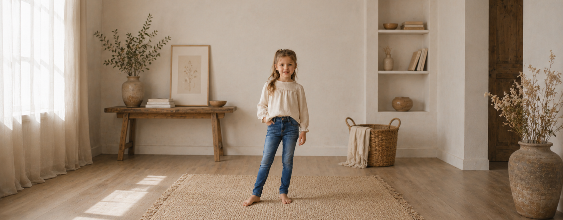 Young girl with long hair in a beige blouse and blue jeans stands barefoot on a woven rug in a sunlit, neutral living room.