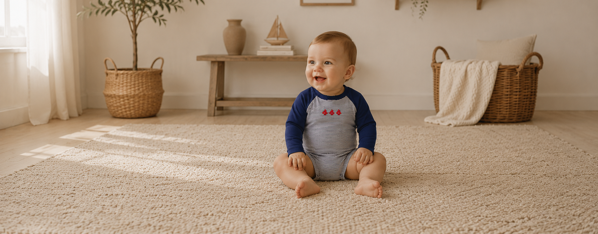 Smiling baby in a blue and gray onesie sits on a beige rug in a cozy, sunlit living room with wicker baskets and a plant nearby.