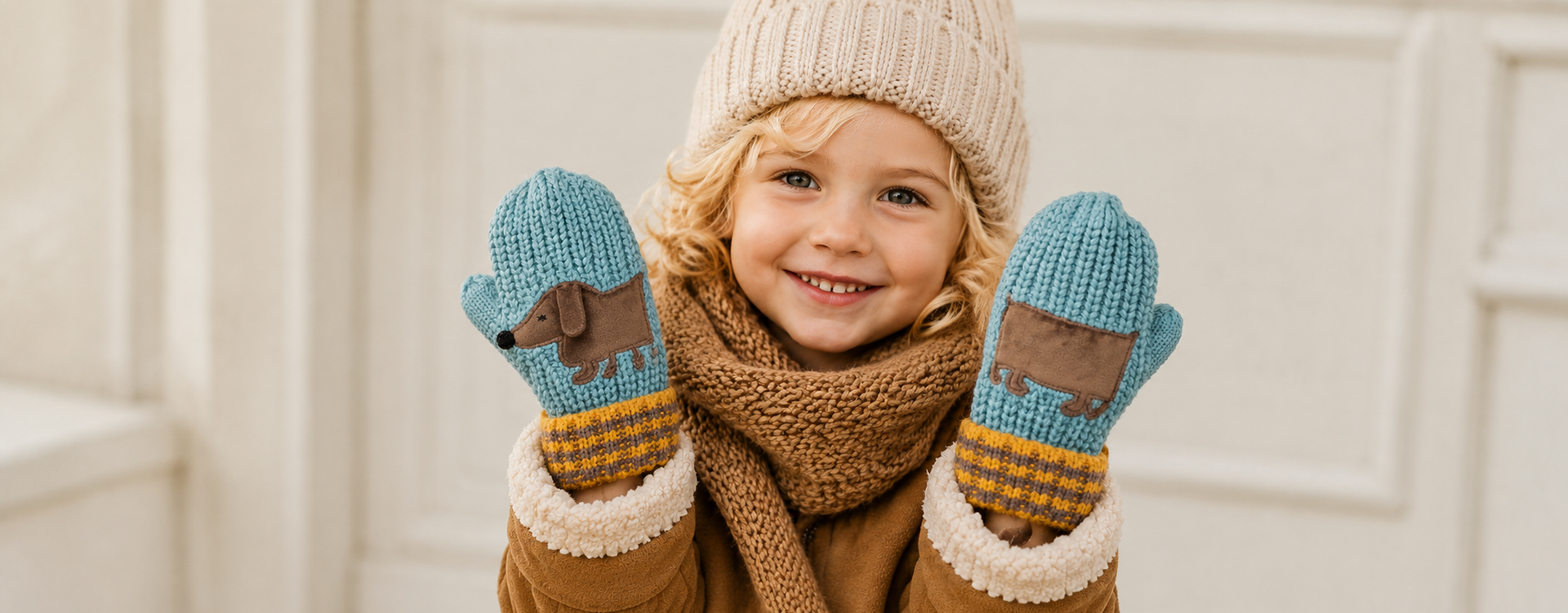 Smiling child in beige knit hat and scarf wearing teal mittens with brown bear patches outdoors in winter.