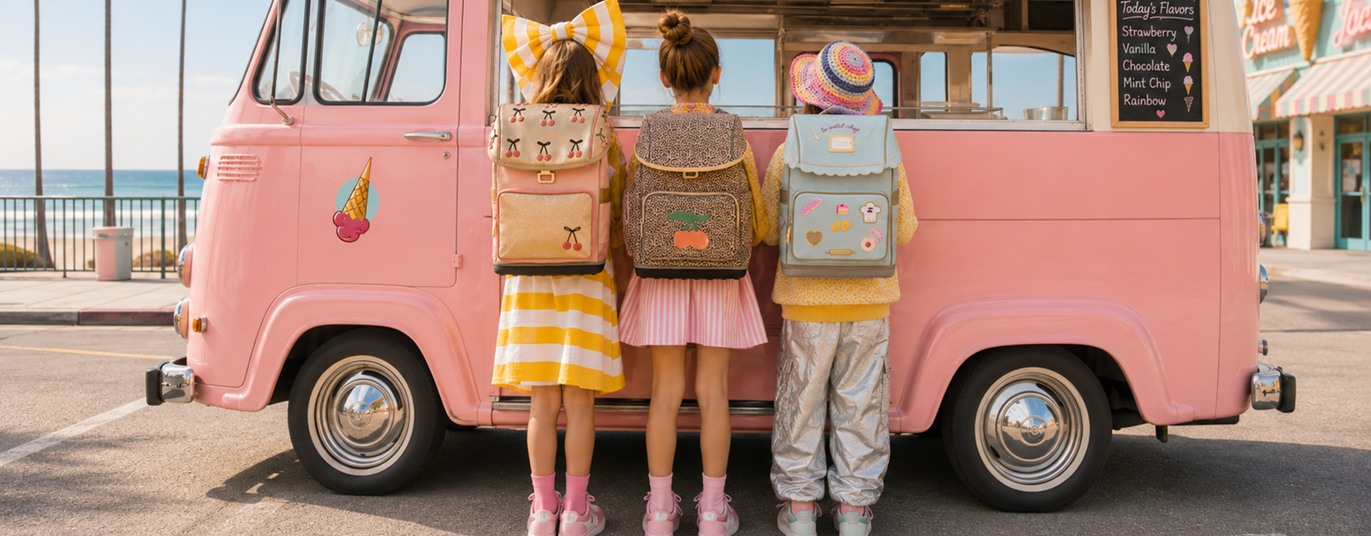 Three kids with colorful backpacks stand at a pink ice-cream truck by the ocean, seen from behind.