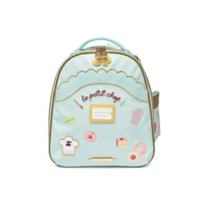 Pastel blue children's backpack with baking-themed patches and gold zippers, front pocket and top handle