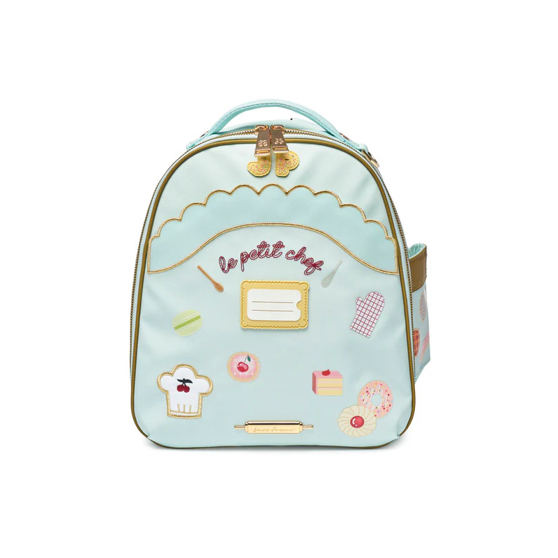 LEPETIT Pastel blue children's backpack with baking-themed patches and gold zippers, front pocket and top handle