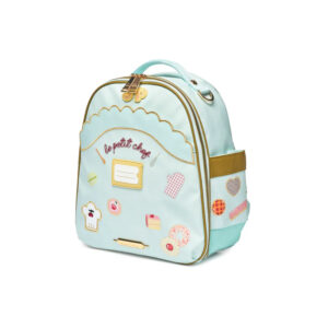 Pastel blue mini backpack with bakery-themed patches, gold zippers, and a side pocket for kids.