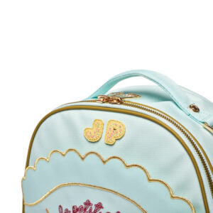 Light blue mini backpack with gold zippers and decorative cloud-shaped gold stitching; pink embroidered letters JP on the front pocket.