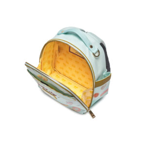 Mint green backpack with a yellow patterned interior opened to show a spacious main compartment with a zipper opening down the middle.