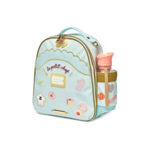 Pastel teal kids' backpack with decorative patches and gold zippers, shown with a pink bottle in the side pocket.