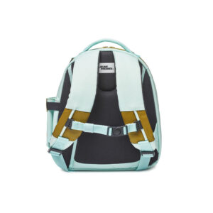 Back view of a mint-green backpack with padded black straps and mustard-yellow accents.