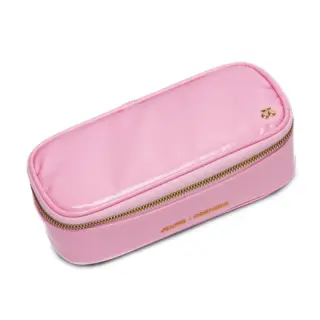 Pink rectangular zippered pencil case with a gold zipper and 'JEANNE PREMIER' branding on the side, angled view.