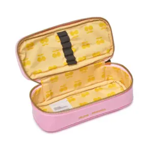 Pink zippered pencil case opened to reveal a yellow cherry-pattern interior and a black elastic strap, with 'JEUNE PREMIER' on the outside.