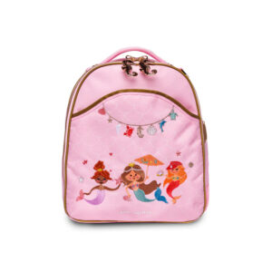 Pink kids' backpack featuring mermaid illustrations, gold zipper trim, and a pink handle.