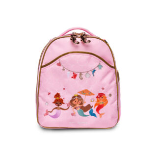 Pink kids' backpack featuring mermaid illustrations, gold zipper trim, and a pink handle.