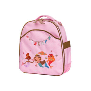 Pink kids' backpack with a mermaid print, gold-toned zipper, and a side pocket.