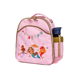Pink children's backpack with mermaid artwork, gold trim, and side water bottle pocket on the right.