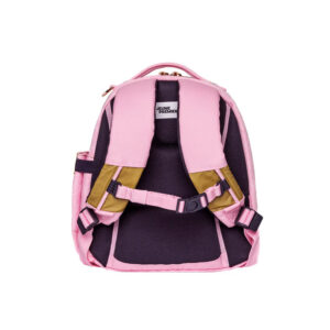Back view of a pink children's backpack with padded black back panel and adjustable straps突class?