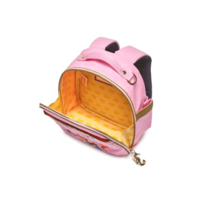 Small pink children's backpack with a yellow interior, zipper open showing roomy main compartment and seahorse zipper pull.