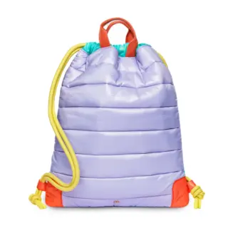 Purple puffer drawstring backpack with yellow cords and orange accents, suitable for kids’ use