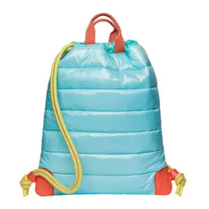 Light blue padded backpack with red bottom corners and yellow drawstrings, shown from the front.