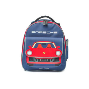 Blue kids' backpack with a red Porsche sports car graphic on the front pocket and a top handle.