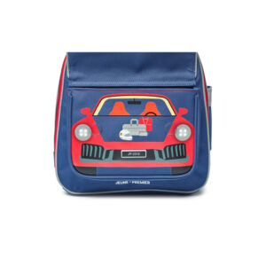 Blue kids' backpack with a red car illustration on the front pocket design.