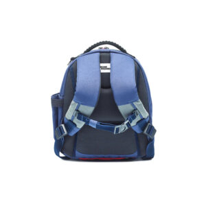 Rear view of a blue backpack with padded shoulder straps and a chest buckle, displayed from the back.
