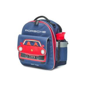 Blue kids' backpack with a red Porsche car design on the front pocket and side water bottle holder, featuring a top handle and silver zippers.