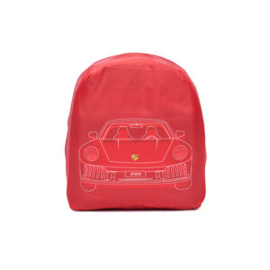 Red backpack featuring a white line drawing of a convertible sports car on the front.