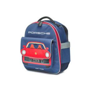 Blue Porsche-themed kids' backpack with a red sports car graphic on the front pocket.