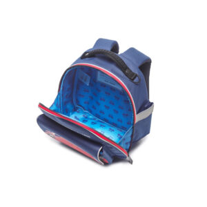 Blue backpack opened to reveal a bright blue lined interior with a red zipper and black handle.