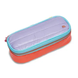 Colorful oval pencil case with orange exterior, turquoise zipper, and lavender padded interior partly open.